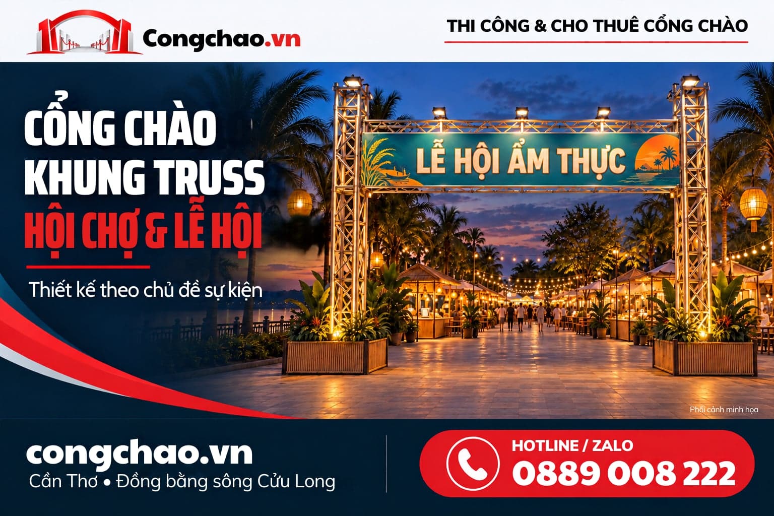 Phối cảnh cổng chào khung truss có đèn tại lễ hội ẩm thực buổi tối