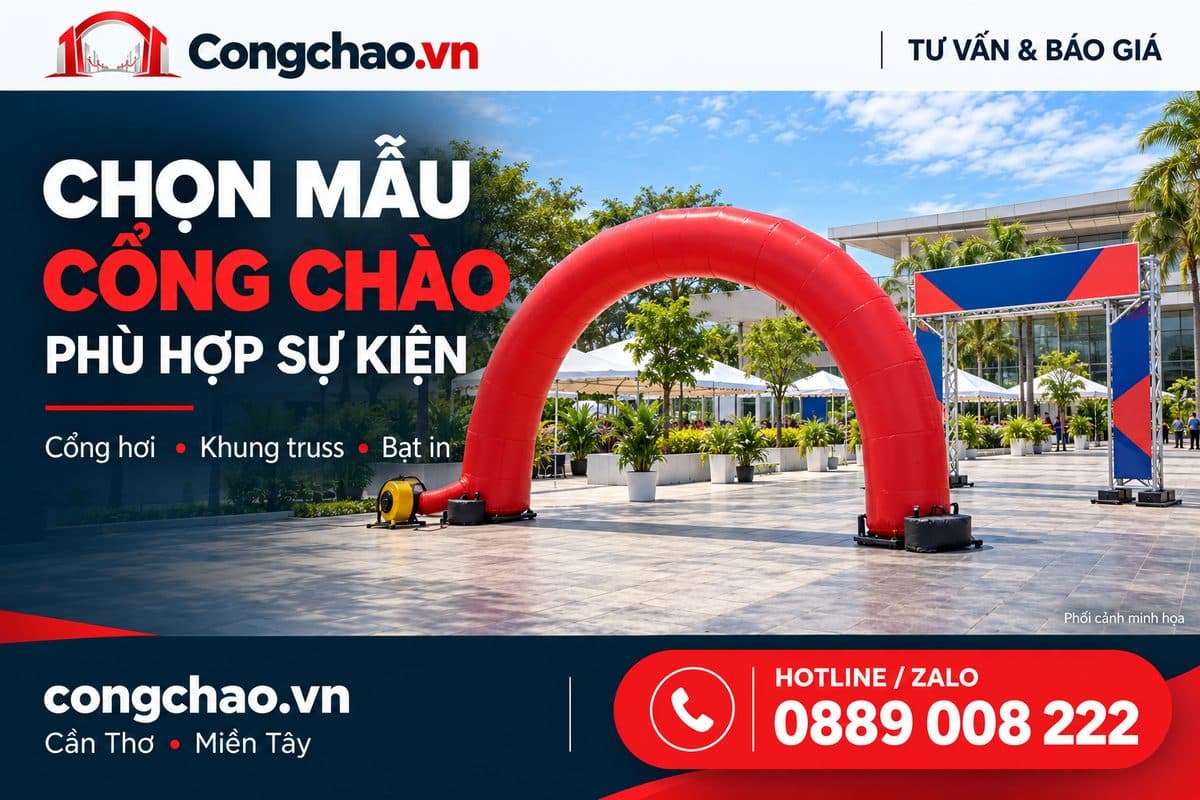 Phối cảnh chọn mẫu cổng chào phù hợp sự kiện: cổng hơi, khung truss, bạt in