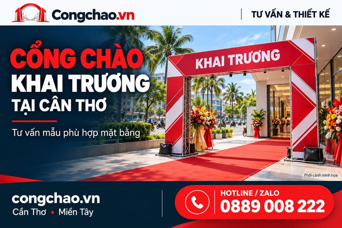 Cổng chào khai trương tại Cần Thơ với lối đón khách và hoa trang trí
