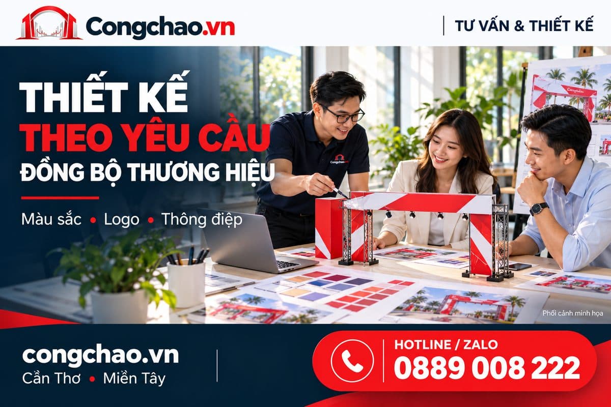 Thiết kế cổng chào theo yêu cầu, đồng bộ màu sắc và logo thương hiệu