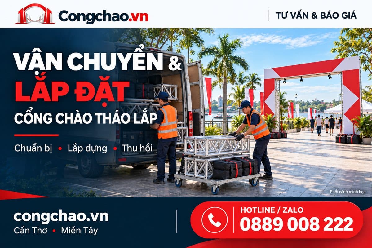 Phối cảnh vận chuyển và lắp đặt cổng chào sự kiện tháo lắp